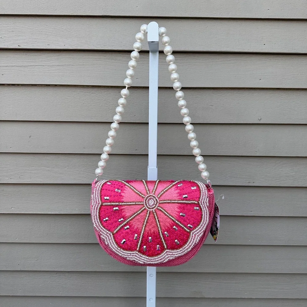 Kayu Limited Edition Pink Grapefruit Beaded Pearl Strap Shoulder Bag Novelty